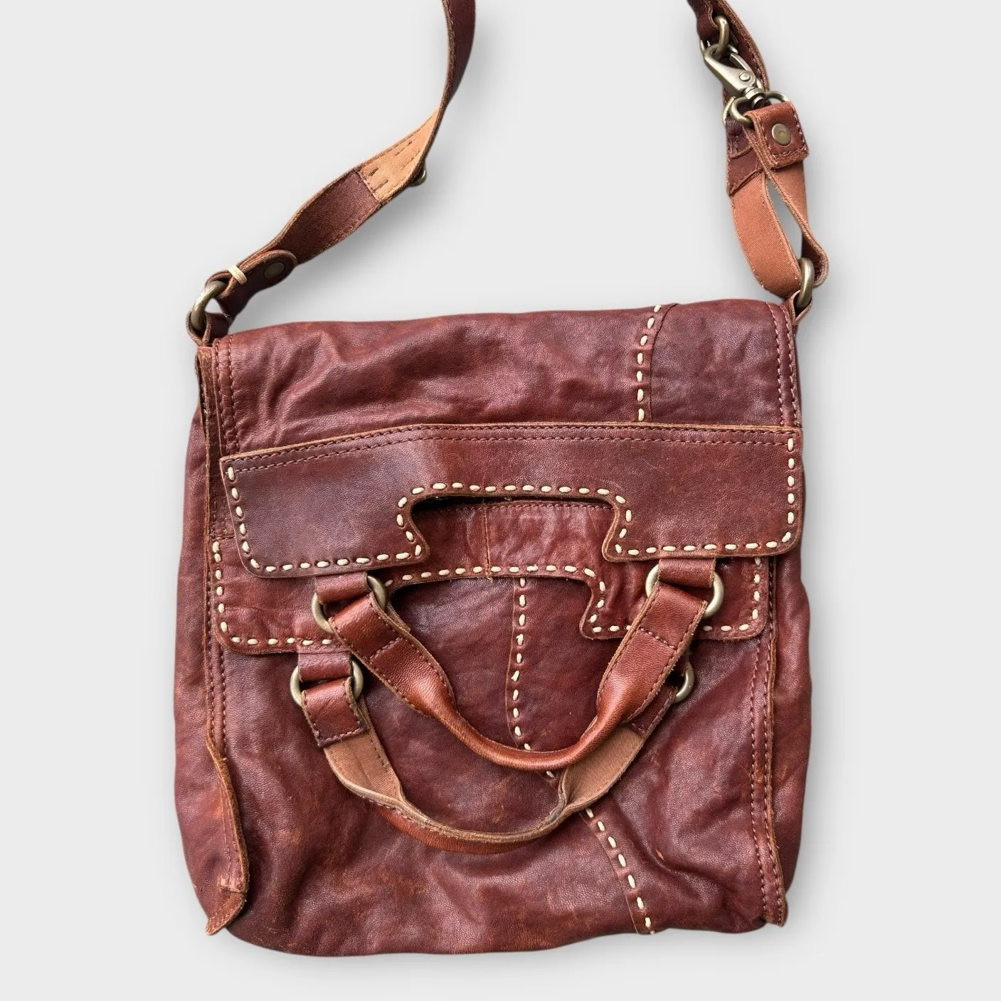 Vintage Y2K Lucky Brand Abbey Road Leather Fold Over Crossbody Bag Brown Boho0 - Image 2