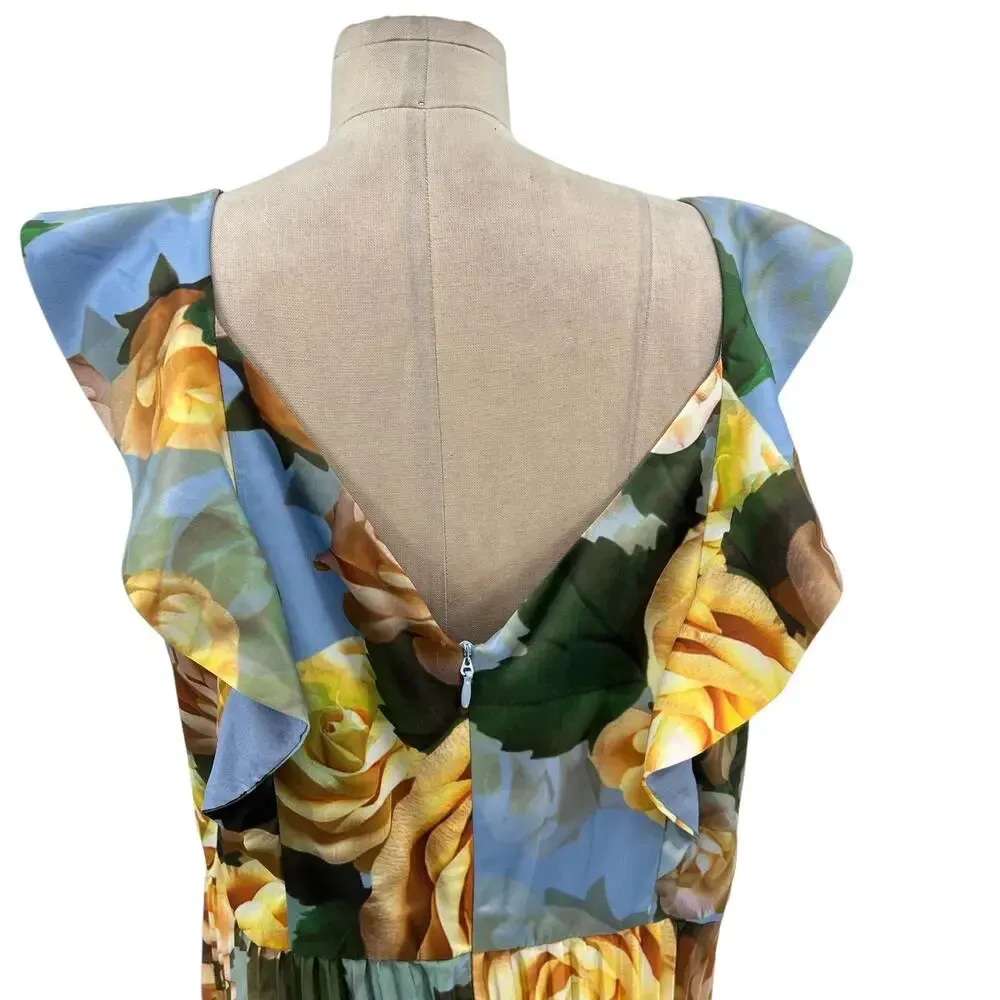 Chi Chi London Floral Print Ruffle Pleated Midi‎ Dress in Blue Curve US 16 - Image 12