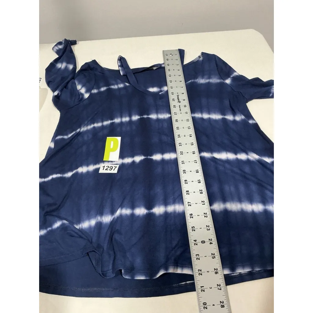 Womans Cherish Medium Blue White Tye Dyed Long Sleeve Cold Shoulder Blouse Flowy - Image 6