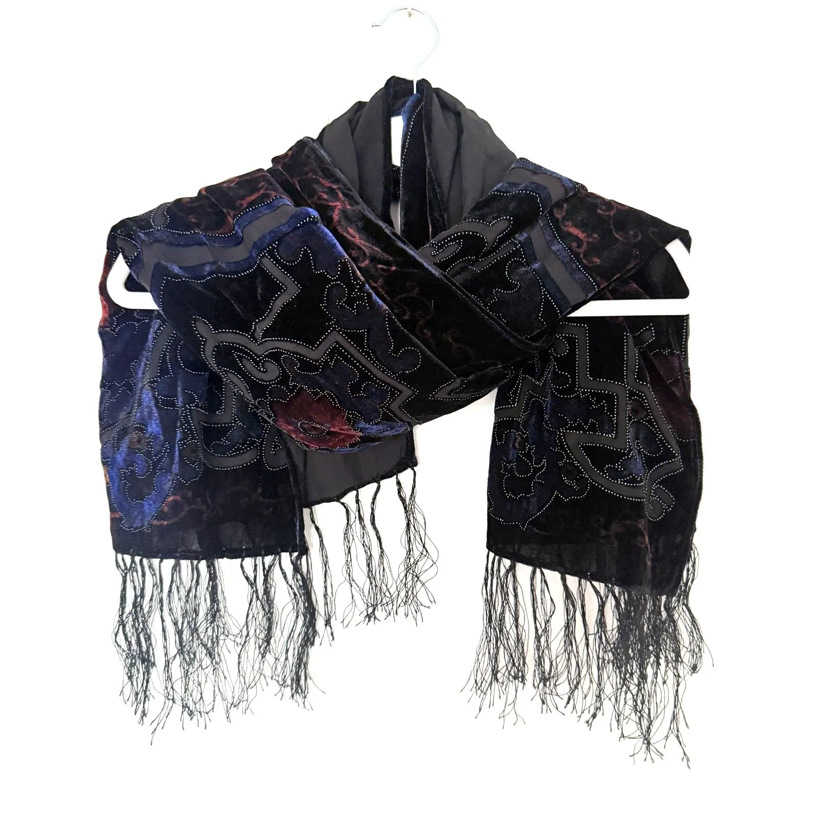 Womens Black Velvet Burnout Fringe Scarf Elegant Boho Goth Festival Wrap Shawl - Image 3