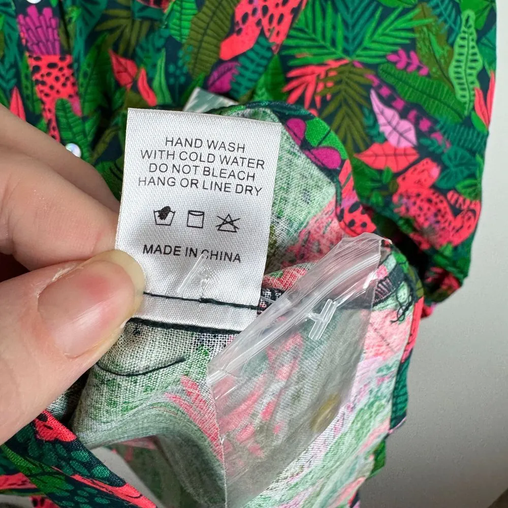 NWT Palms Away Red Dress Linen Blend Button Up Shirt Sz L Leopard Tropical Green Size L - Image 10