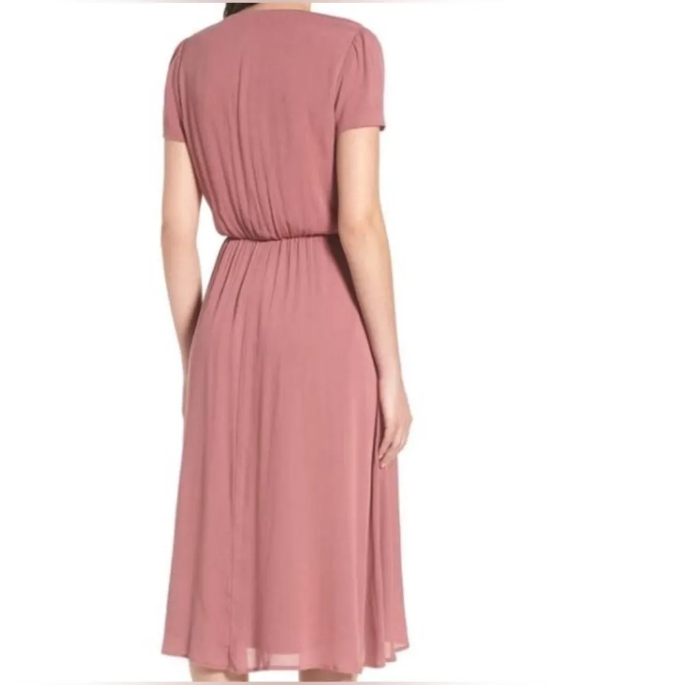 WAYF  Blouson Midi Dress V Neck Crepe Short Flutter Sleeve Pink Medium Spring - Image 2