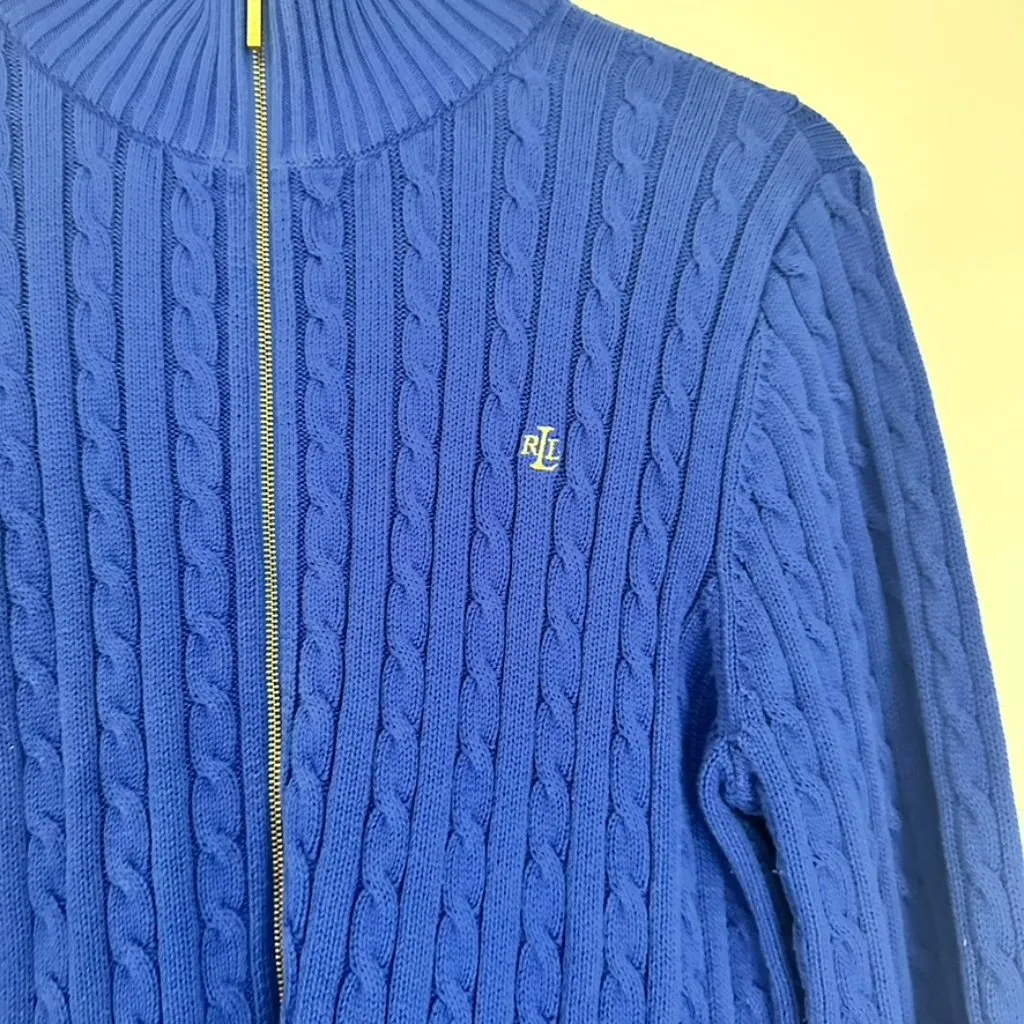 Lauren Ralph Lauren Royal Blue Cable Knit Zip Up Sweater Size XL - Image 4