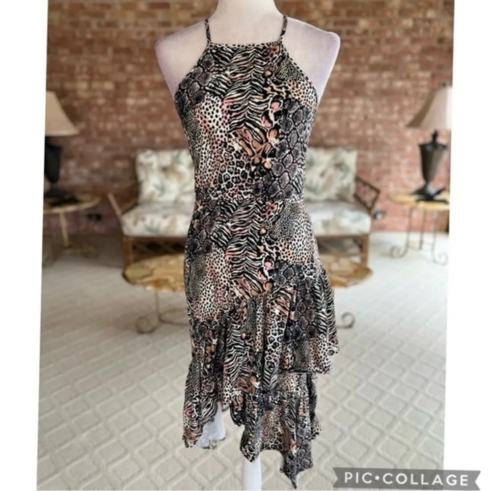 ASOS Black Multi Animal Print Ruffle Hem Halter Knit Dress 4 - Image 3