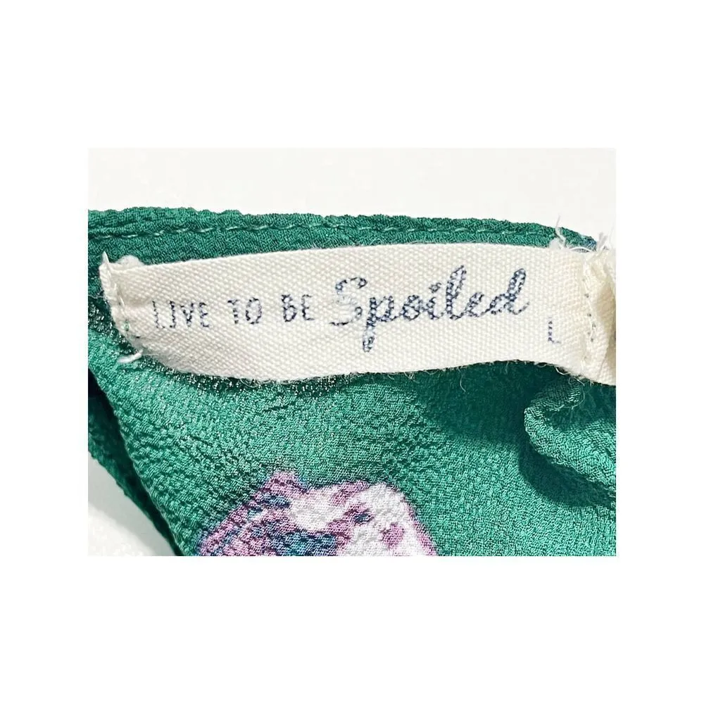 Live To Be Spoiled Floral Print Long Bell Sleeve Blouse Keyhole Back Green Large - Image 2