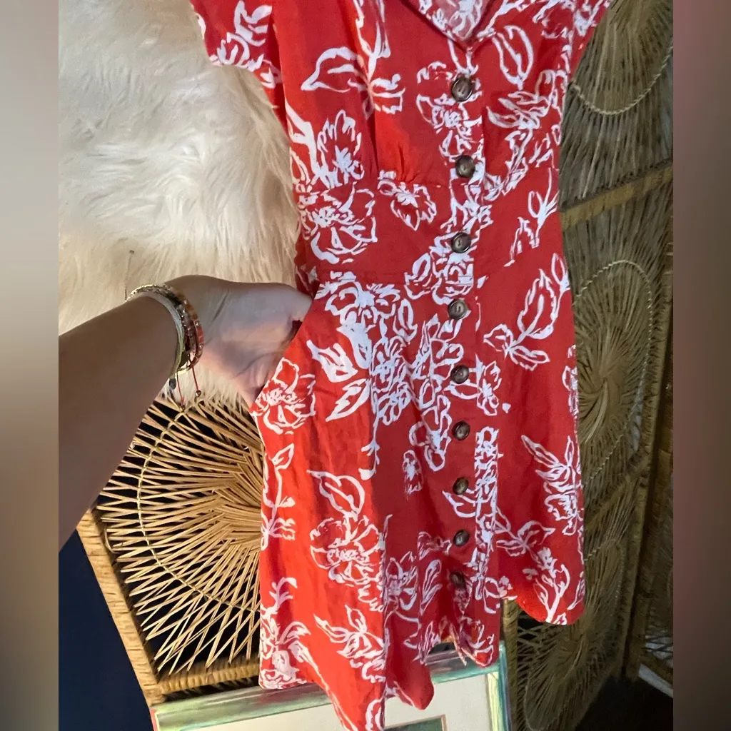 Free People A Thing Called Love Mini Dress Red & White Floral Button Down Linen Beach French Girl - Image 14