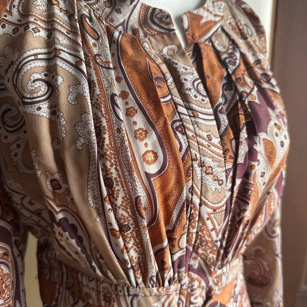 PLENTY by Tracy Reese | Boho Silk Brown Paisley Midi Dress | Size Extra Small - Image 2
