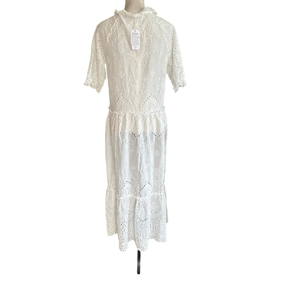 White Eyelet Lace Tiered Dress Ruffle Tassel Victorian CottageCore Feminine Sz M Size M - Image 10