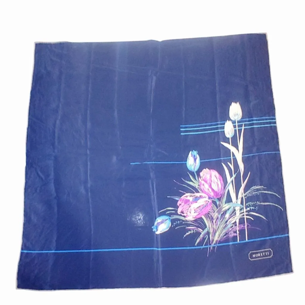 Moretti Italian Silk Scarf Floral Art Tulip Design Vintage Navy Blue Background Pink Size 33 - Image 14