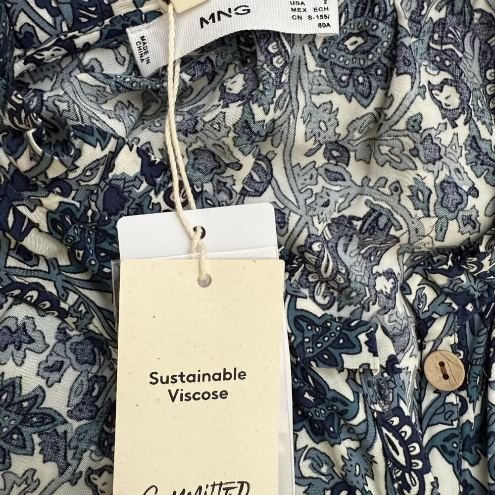 Mango Floral Paisley Print Button Up Tiered Maxi Dress Women's 2 Blue White NWT - Image 13