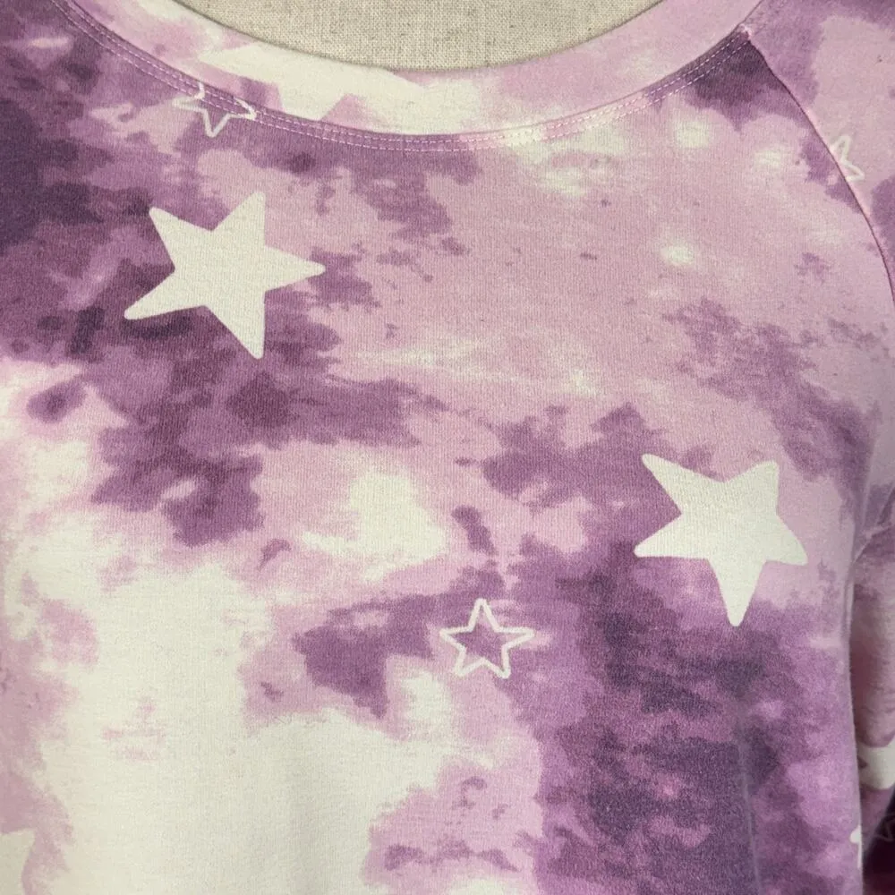 Wildfox Medium Cropped Sweatshirt Tie-Dye Stars Pullover Long Sleeve Slit Purple - Image 2