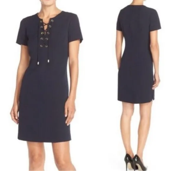 Navy Blue Lace Up Neckline Shift Dress Short Sleeve Preppy Nautical sz12 - Image 2