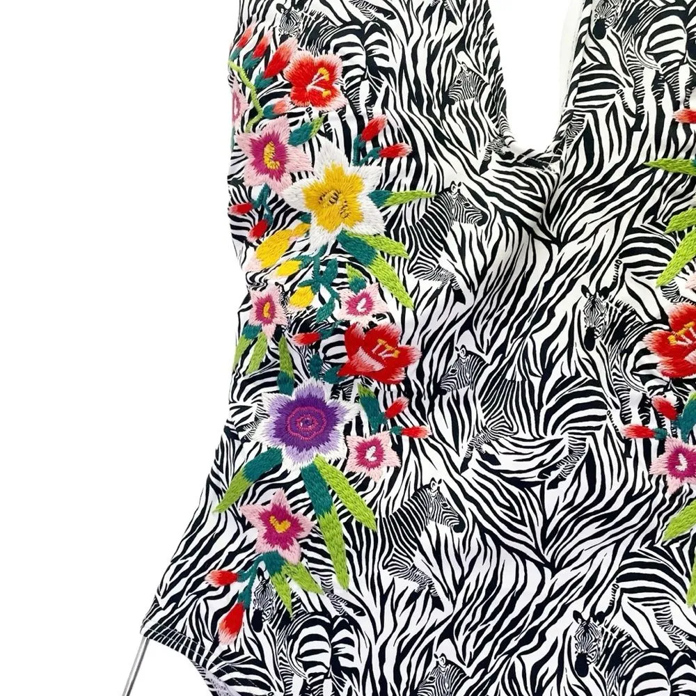 Johnny Was Spring Halter Embroidered One-Piece Floral Zebra Swimsuit Size Medium - Image 7
