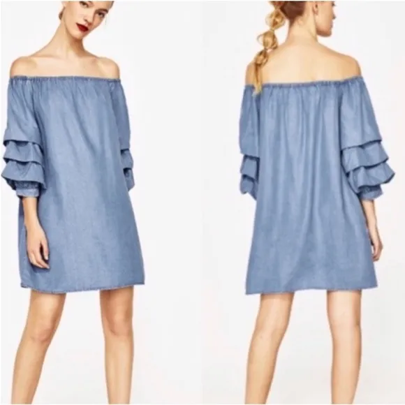 Zara Woman Soft Off The Shoulder Denim Flowing Puff Sleeves Dress - Image 2
