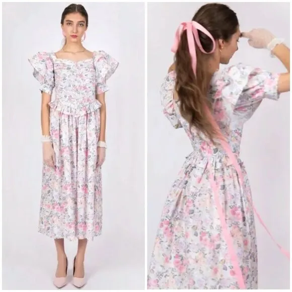 đź’•LAURA ASHLEY x BATSHEVAđź’• Eden Dress ~ Quartet Cream Floral Print 2 NWOT - Image 2