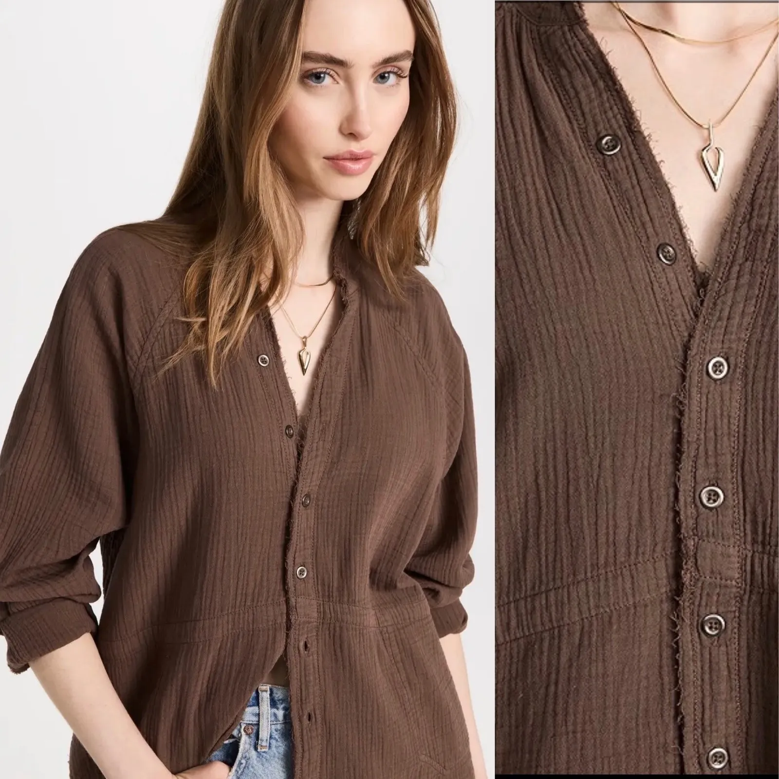 Free People We The Free Summer Daydream Buttondown Shirt Espresso Martini Gauze - Image 2