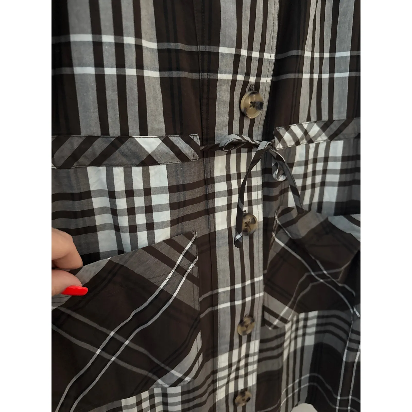 Tuckernuck Cedar Check Crosby Dress Button Front Pockets Tie Waist Size XS Brown - Image 12