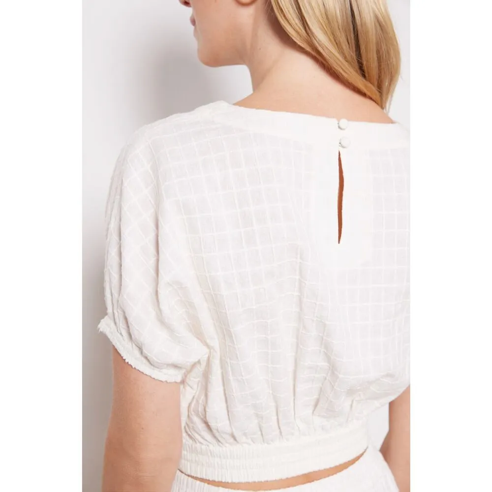 Faherty Cala Windowpane Short Dolman Sleeve Cropped Crew Neck Ivory Top Large - Image 2