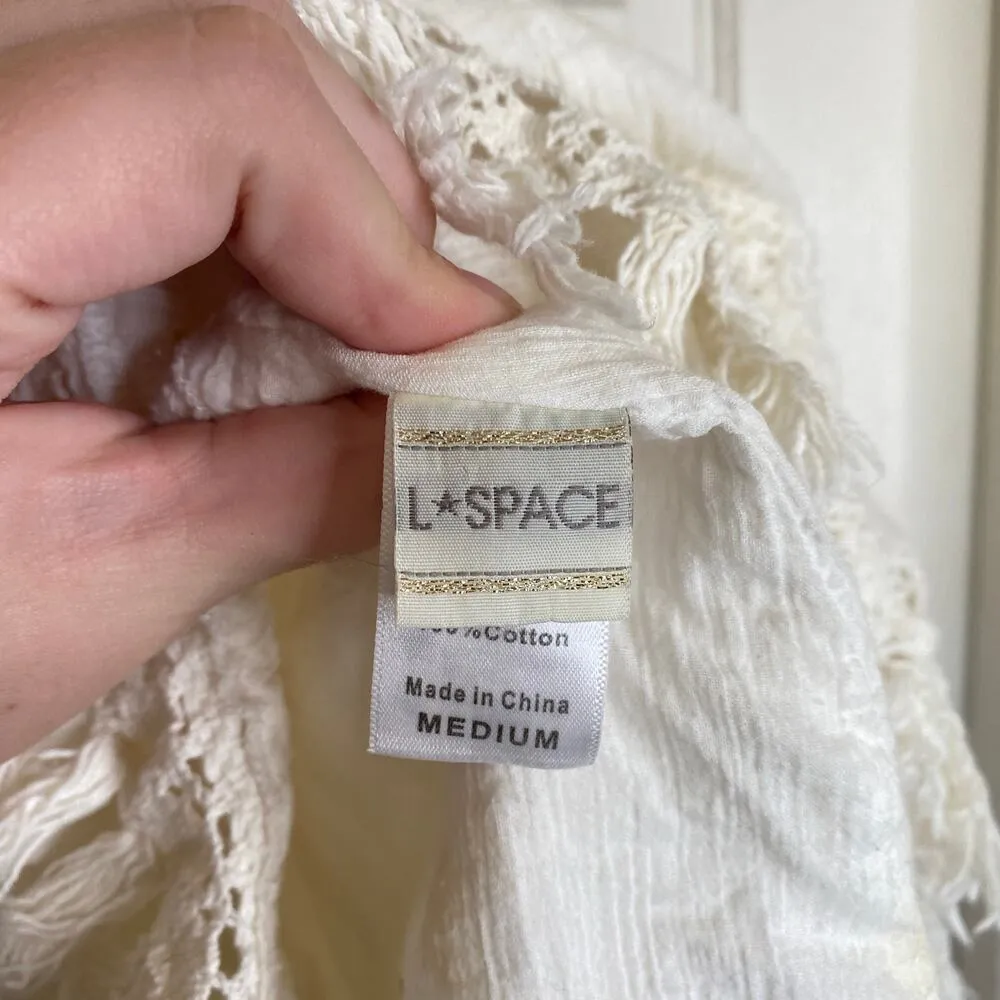 L SPACE Aloha Mini Dress Crochet Fringe Floral White Coverup Summer Size Medium - Image 4