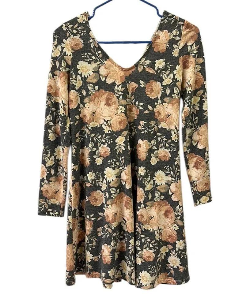 Gray Floral Print Ribbon Lace Up Back Long Sleeve V Neck Mini Dress Womens Small - Image 8