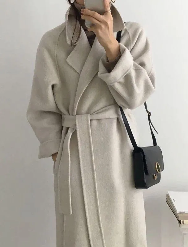 Wool coat long Heather Gray womens belted collar jacket - Image 6