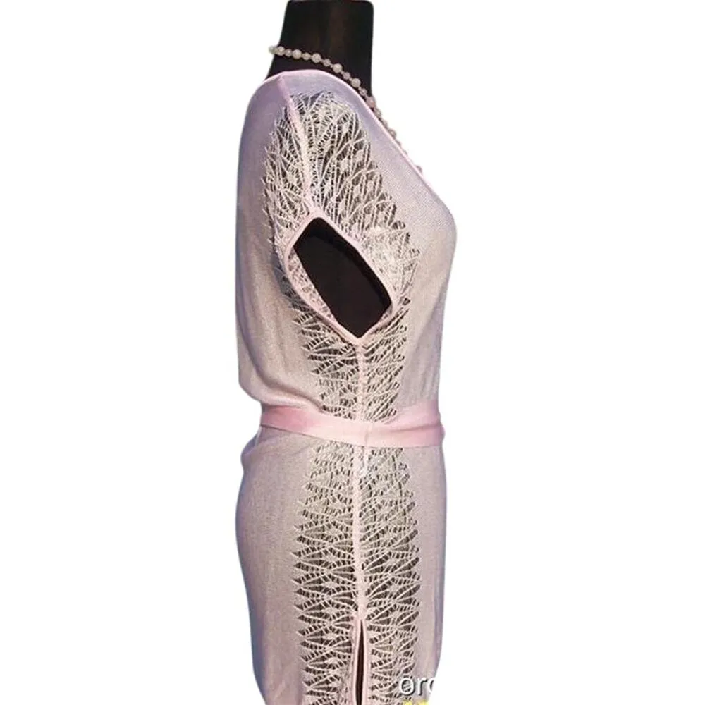 Cache Pink Peek A Boo Sides Knit Tunic Removable Belt Top Stretch Deep V NWT $98 - Image 3