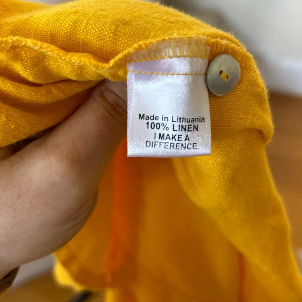 Flax Marigold Yellow Linen Button Down Crewneck Tunic Length Blouse - Image 4