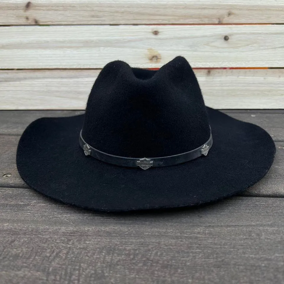 Vintage Black Wool Harley Davidson Cowboy Hat w/ Leather Strap Silver Buckle USA - Image 4