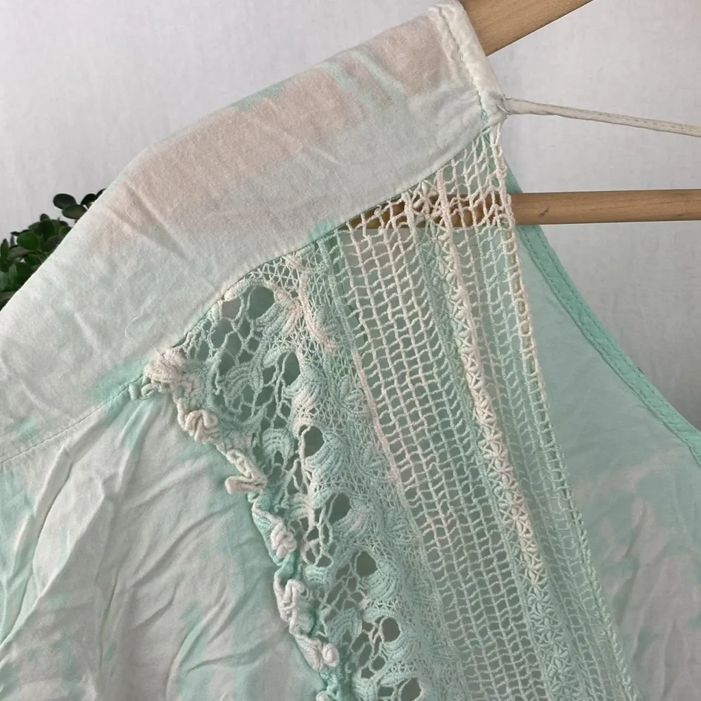 Surf Gypsy Aqua Blue & White Short Sleeve Crochet Lace Trim Swimsuit Cover Top L - Image 3