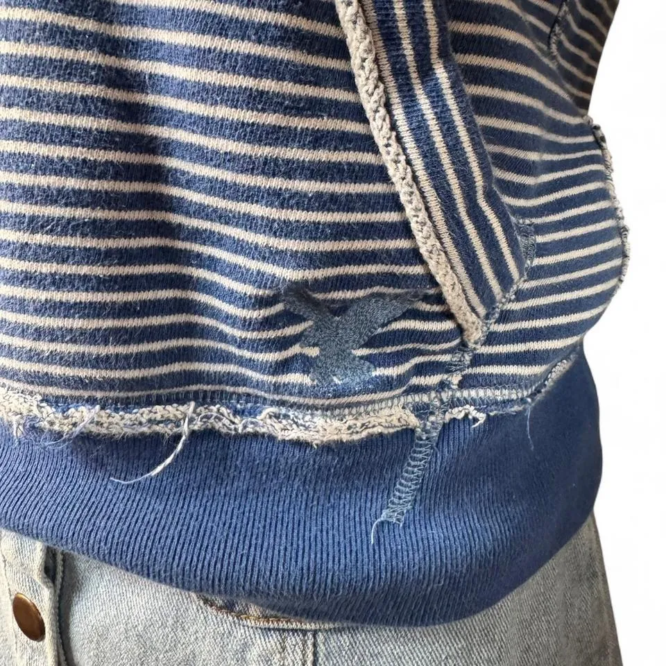 Y2K American Eagle Outfitters Striped Blue Hoodie Distressed Raw Hem Size small - Image 4