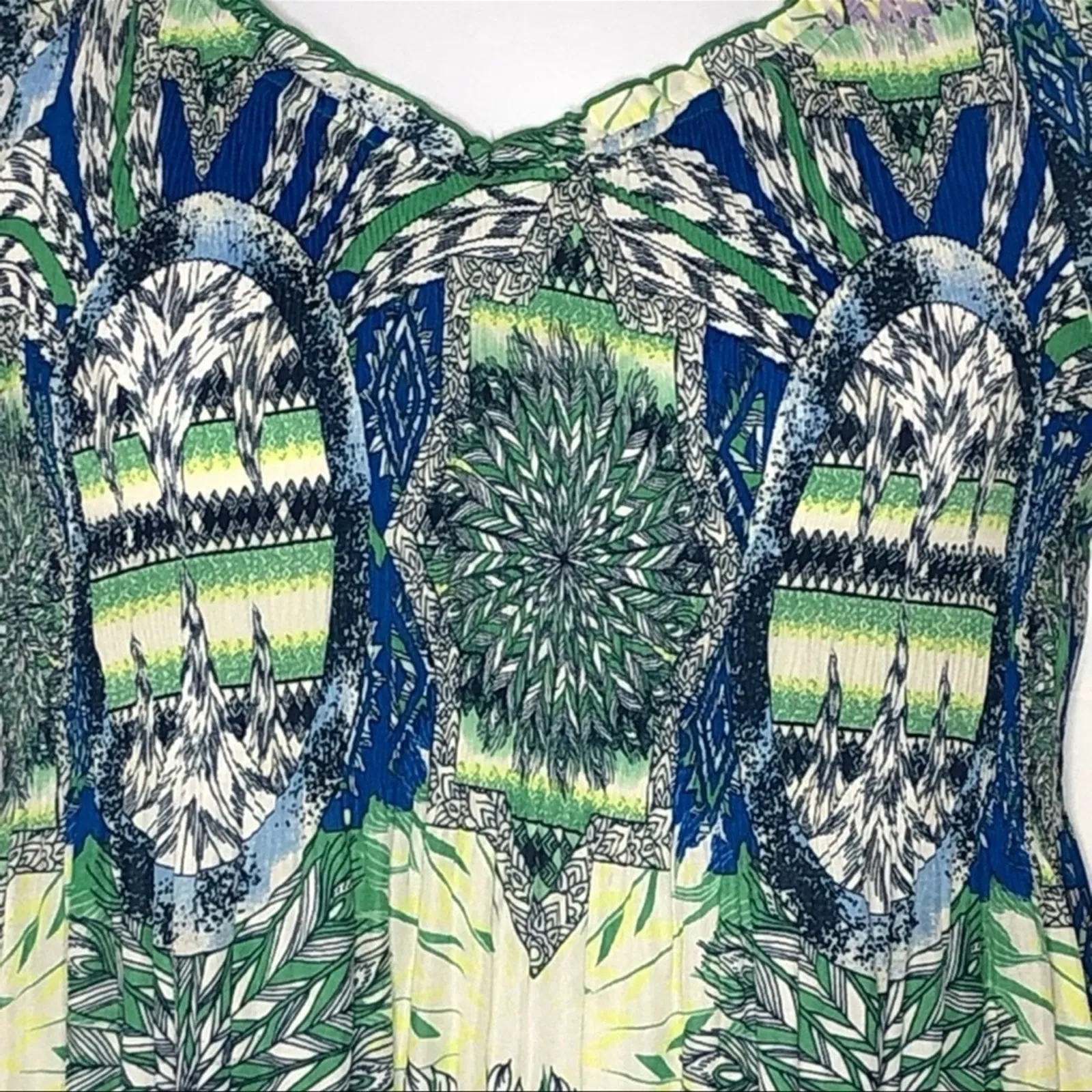 Sharagano Retro Crinkle Babydoll Blouse Blue Green Graphic Long Sleeve S - Image 8