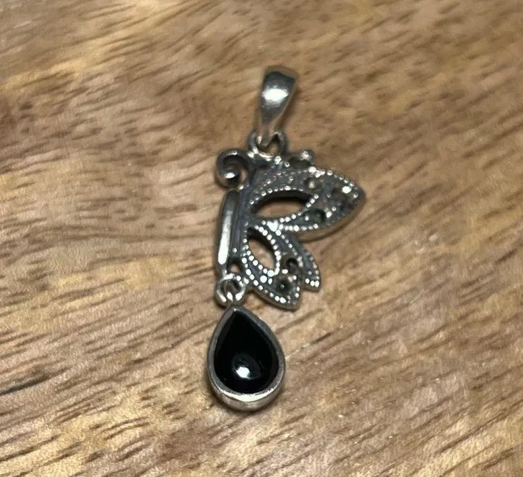 Marcasite Butterfly Black Onyx Dangle 925 Sterling Silver Pendant - Image 3