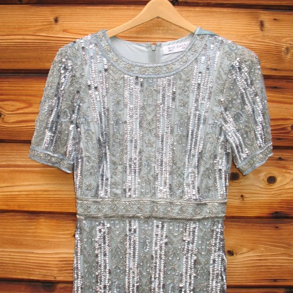 Mac Duggal 5980 Blue High Neck Short Sleeve Crystal Fringe Column Dress - Image 8