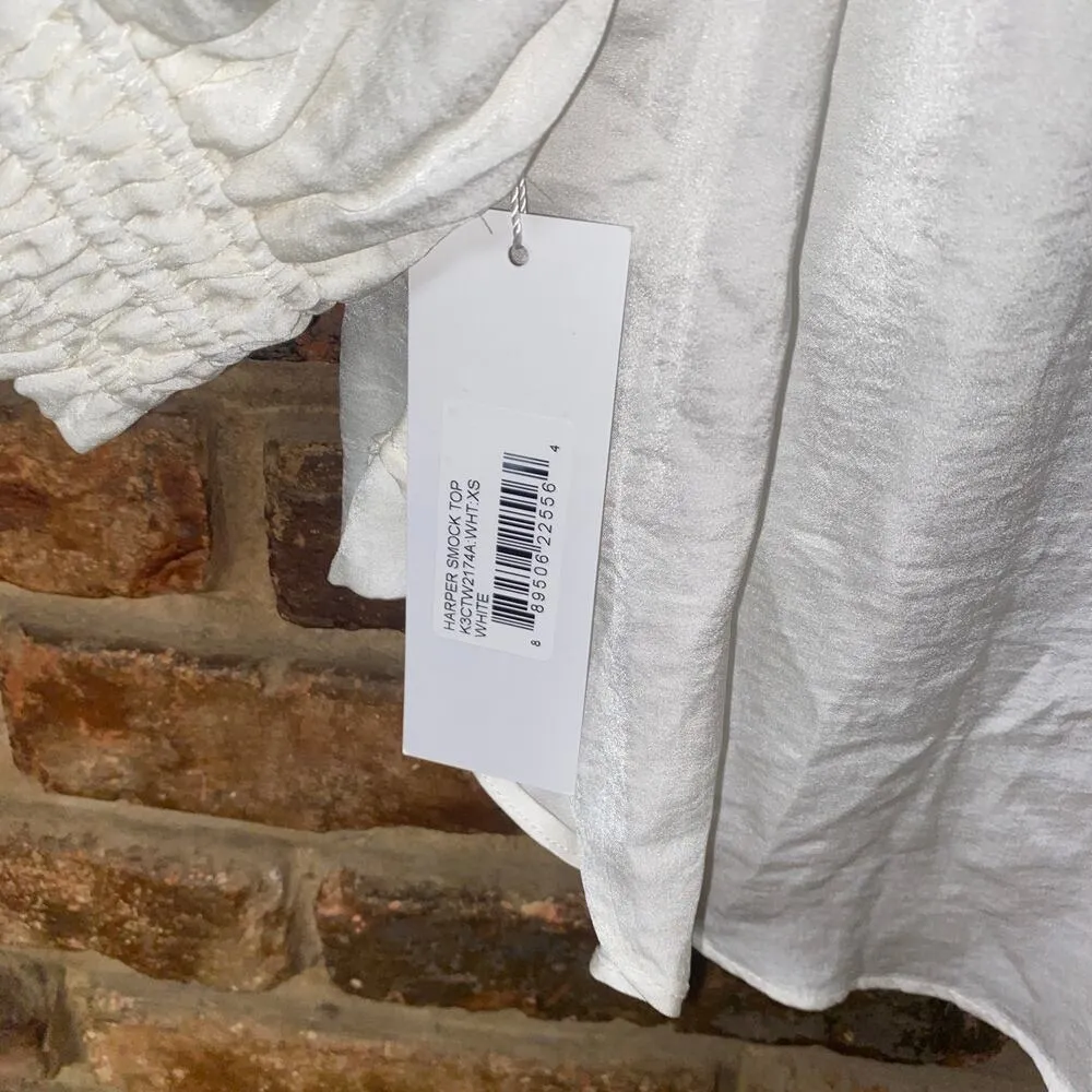 NWT Bishop + Young White Short Smocked Sleeve Tie Neck Harper Top Womens Size XS - Image 9