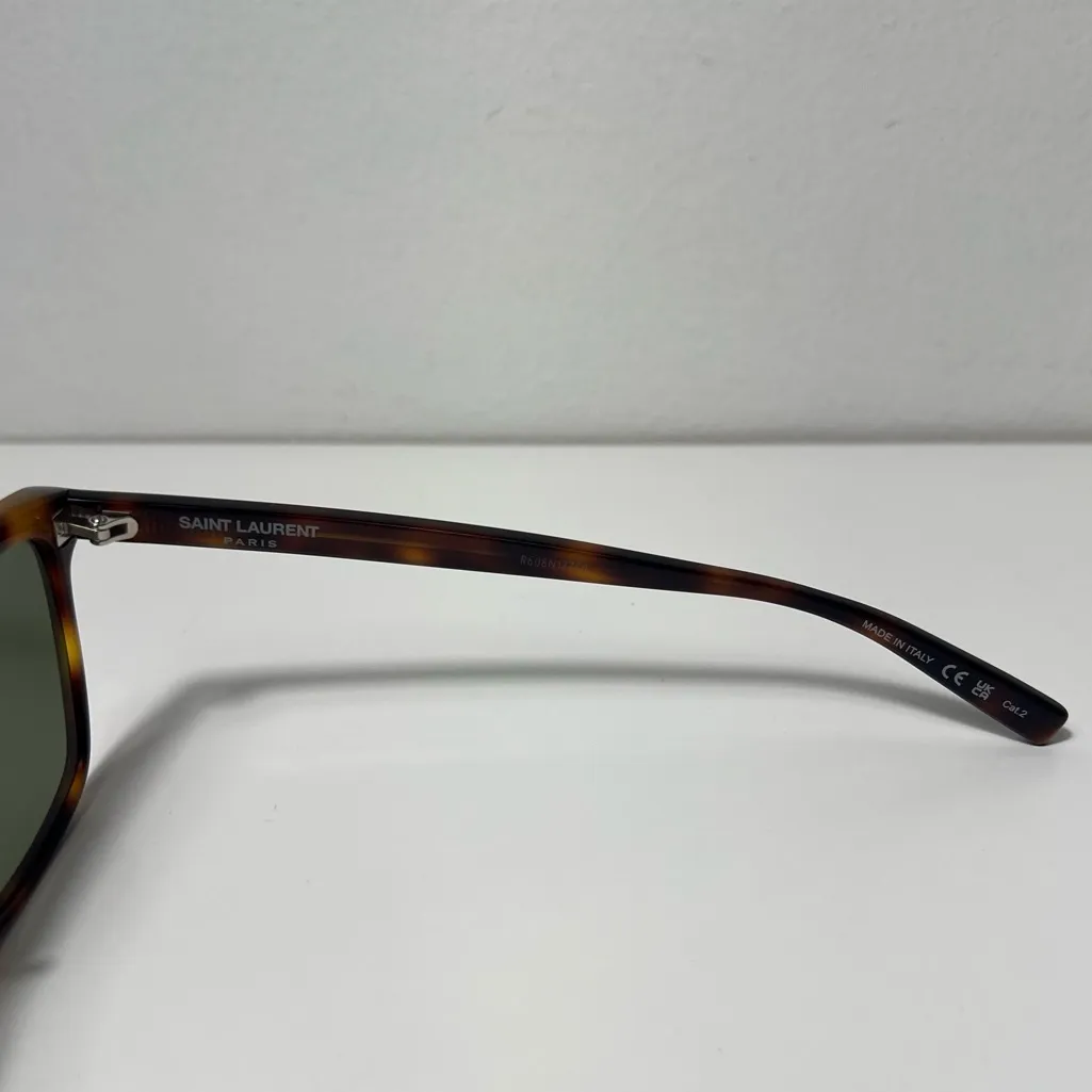 Saint Laurent YSL Logo Tortoise Shell Havana Green Cat Eye Square Sunglasses - Image 12