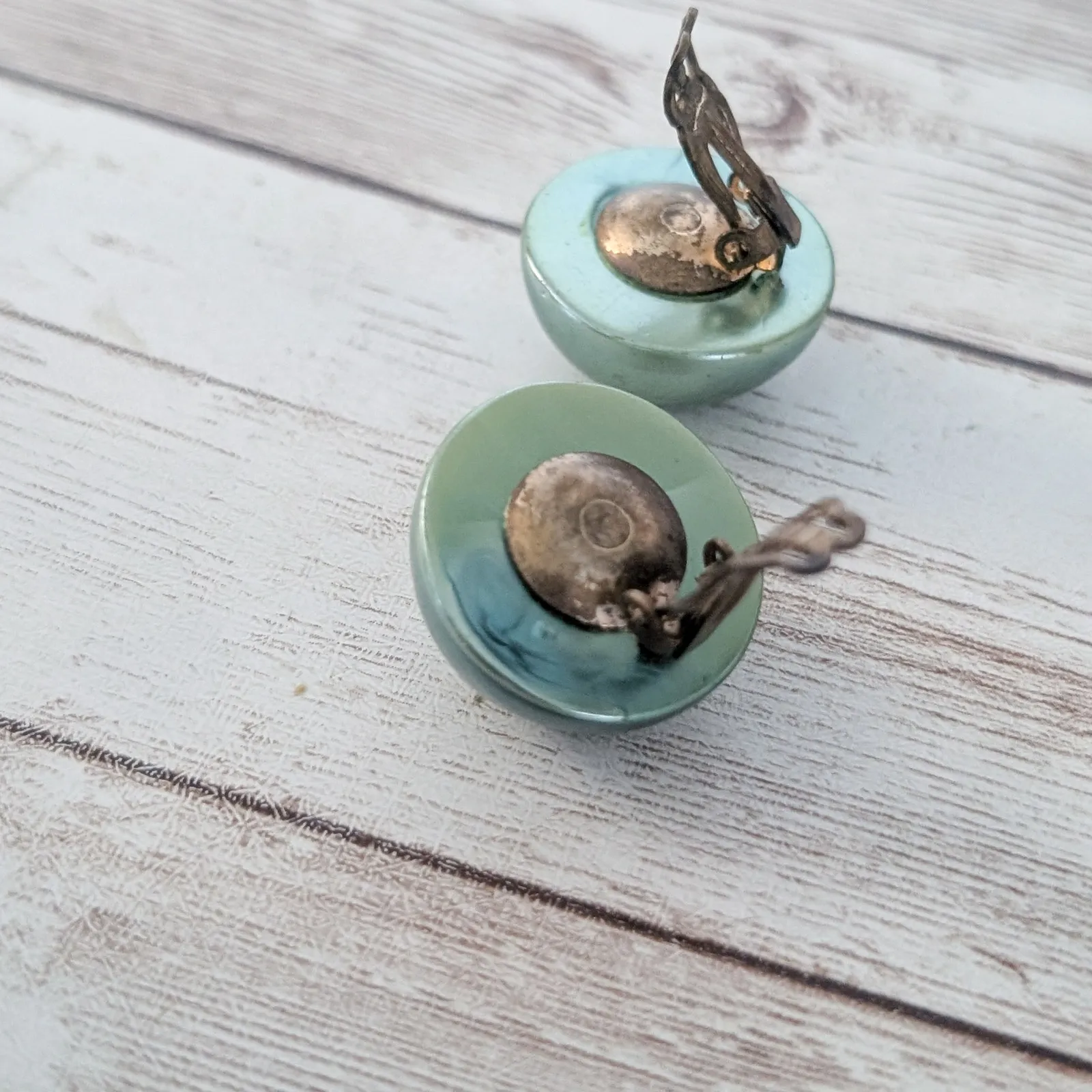 Vintage Clip On Earrings Metallic Green Domed - Image 14