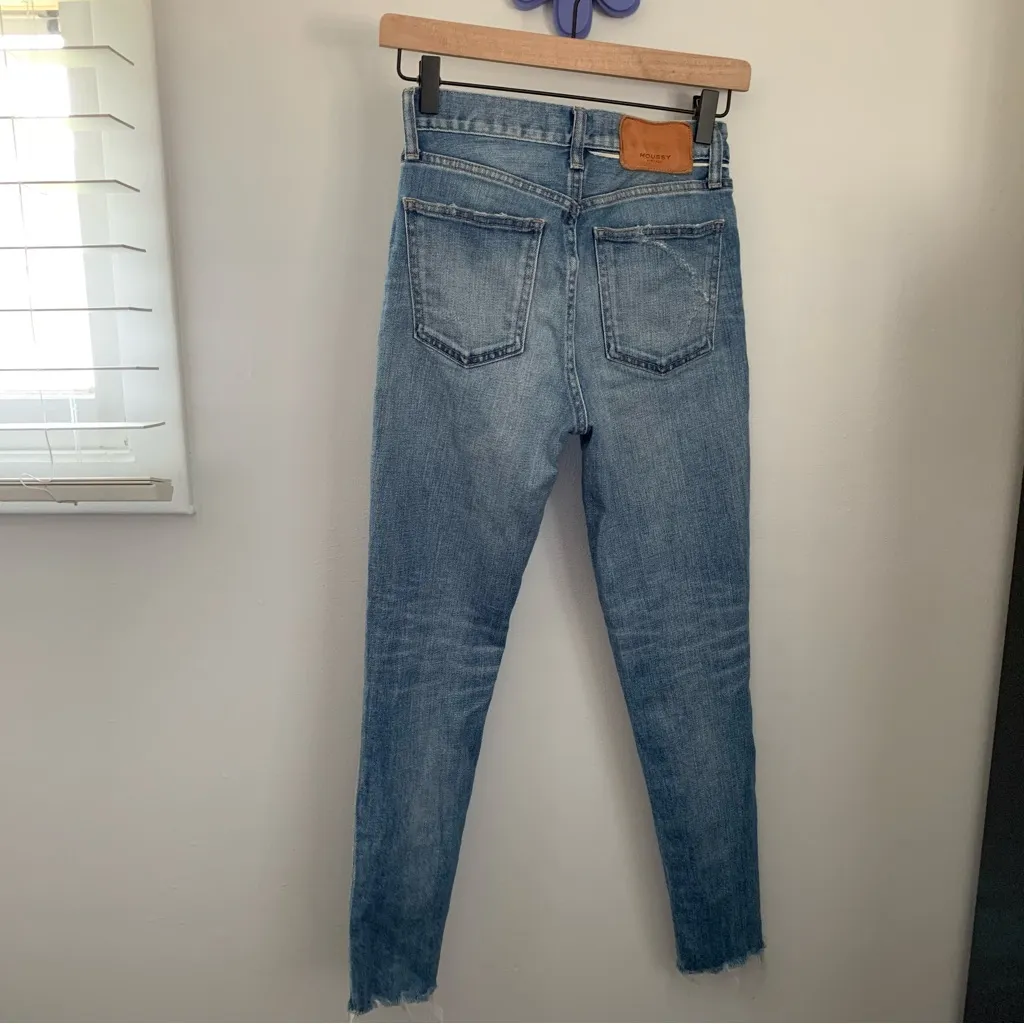 Moussy 24 Skinny Jeans Cut Off Distressed Light Wash Denim Biker Streetwear Blue - Image 3