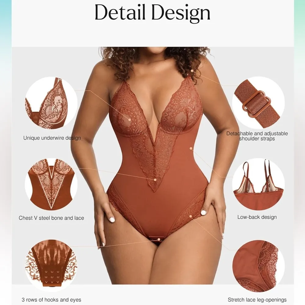 New Popilush Shapewear Bodysuit Tummy
Control Lace Trim Bodysuit in Rust Brown Size XXL - Image 8