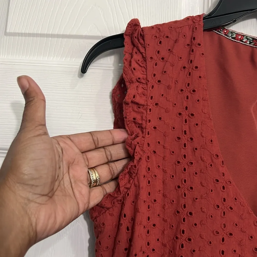 Knox Rose Ruffle Sleeve Eyelet A-Line Mini Dress - Desert Red - Size XS - Image 3