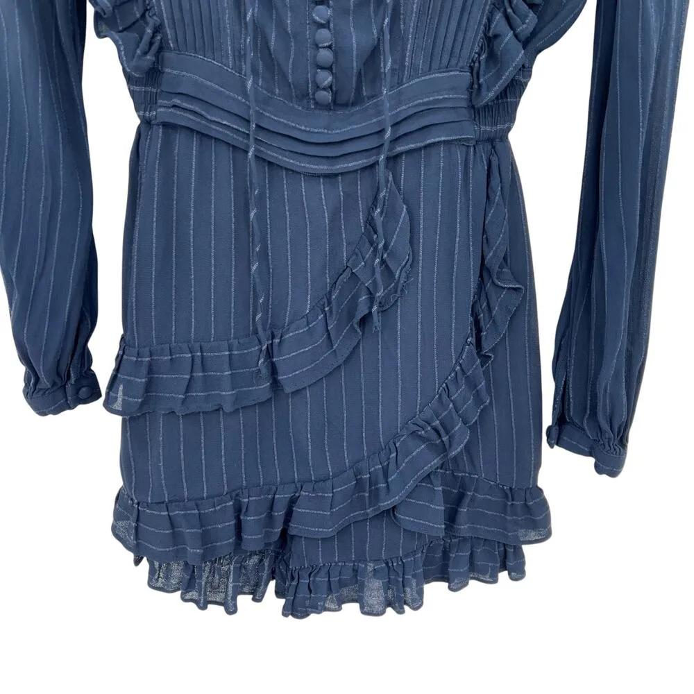 Maje Istra‎ Ruffled Crepe Playsuit Romper Long Sleeve Pinstripe Blue Size 34 XS - Image 5