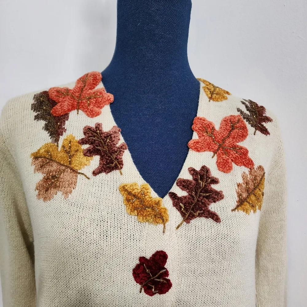 Vintage J Two Fall Leaves Cardigan Sweater Brown Size M - Image 2