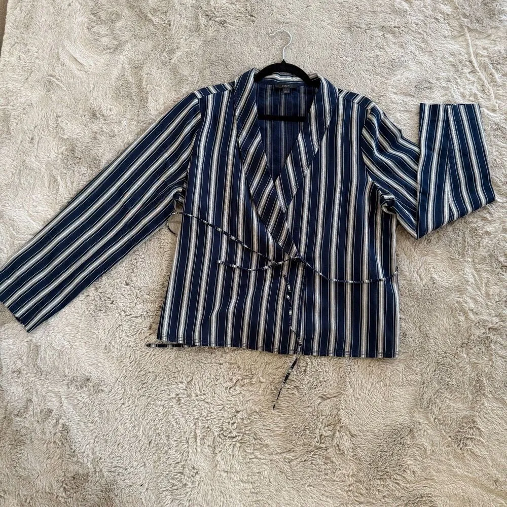 NWOT J.Crew Women Navy Striped Wrap Blazer Sz L Lightweight Career BohoChic $118 - Image 4