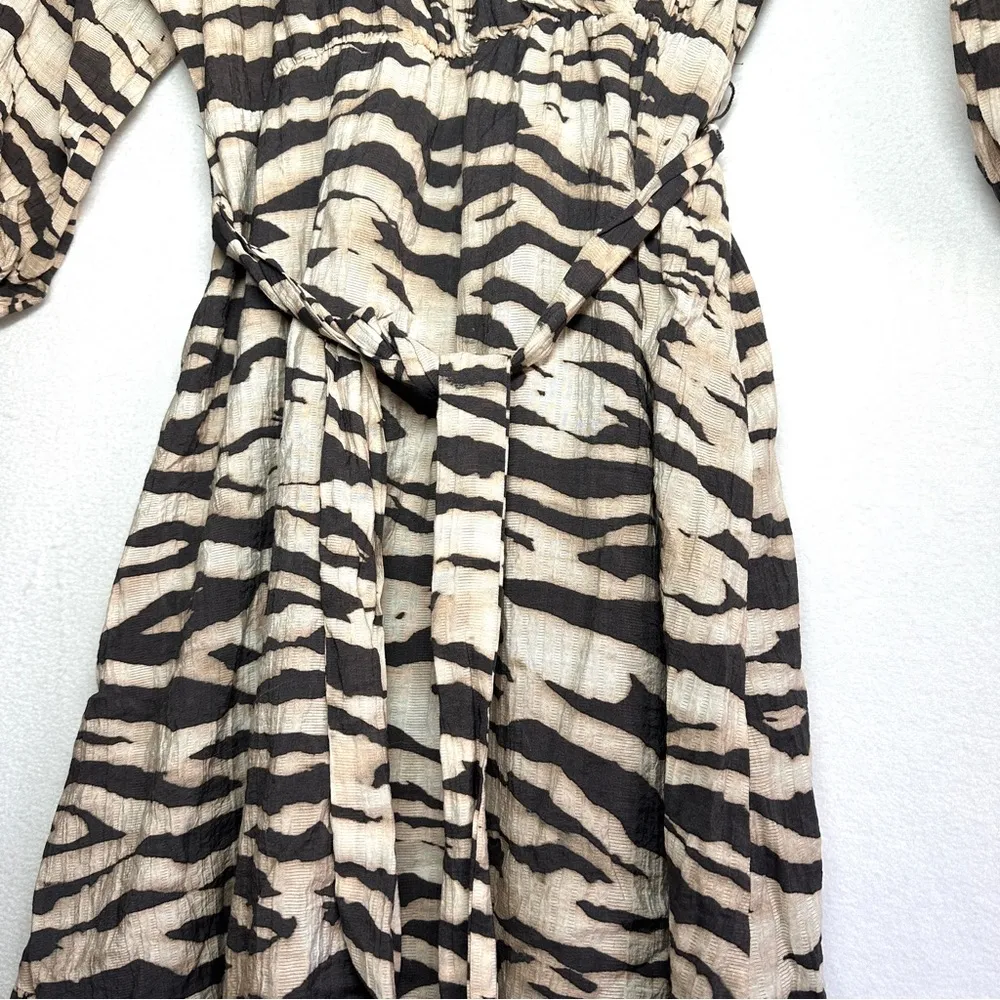 H&M Animal Print Maxi Dress M Beige Zebra Balloon Sleeve Lined Skirt - Image 2