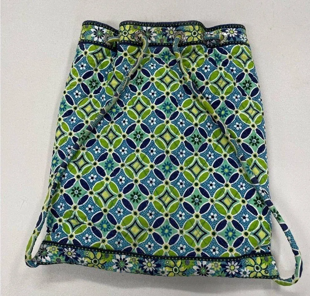 Vera Bradley Green & Blue Floral Fabric Backpack Bag Drawstring Boho Daisy - Image 2