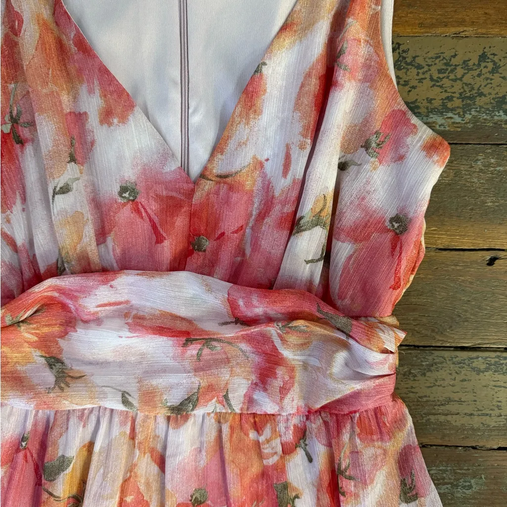 Alexa B Nites Summer Floral Shimmery Coral Lightweight Maxi Dress ~ Size 6P 💚🍄 Orange - Image 7