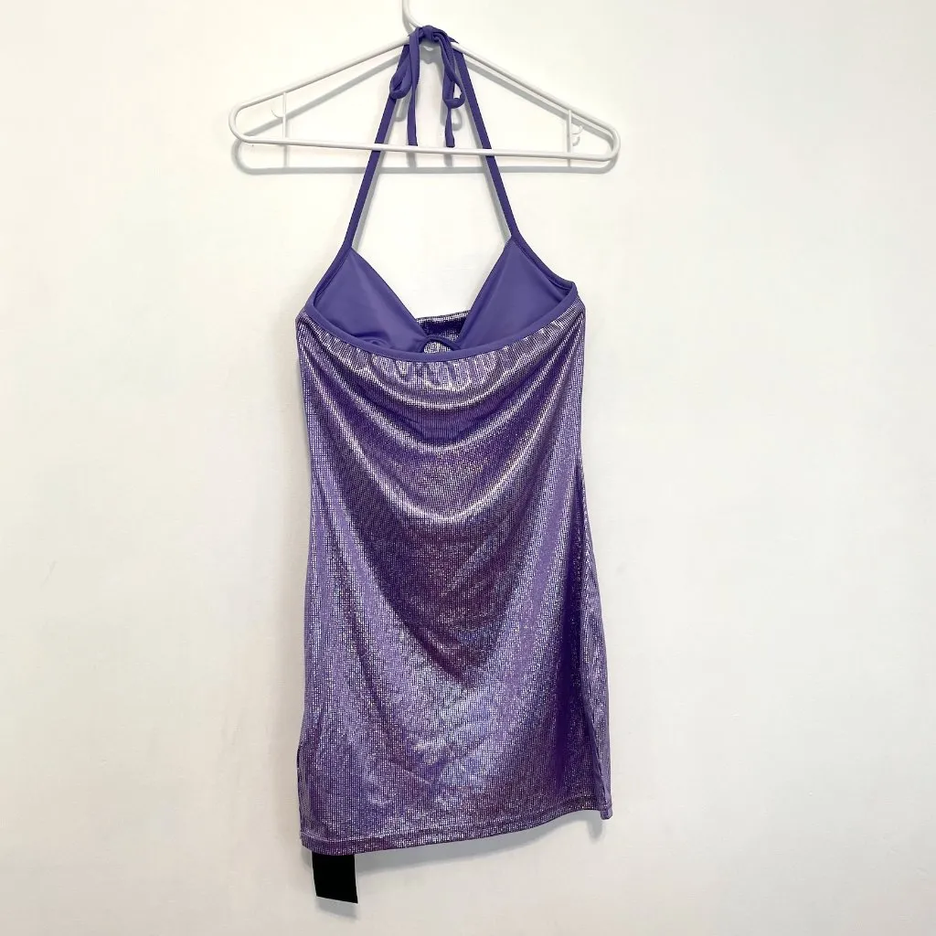 NEW NWT SHEIN SXY Backless Ruched Halter Bodycon Dress Purple Silver Iridescent - Image 14