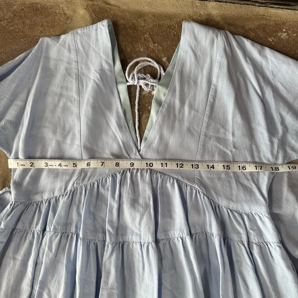 Blue chambray tiered ruffle V-Neck mini Dress spring boho festival - Image 5