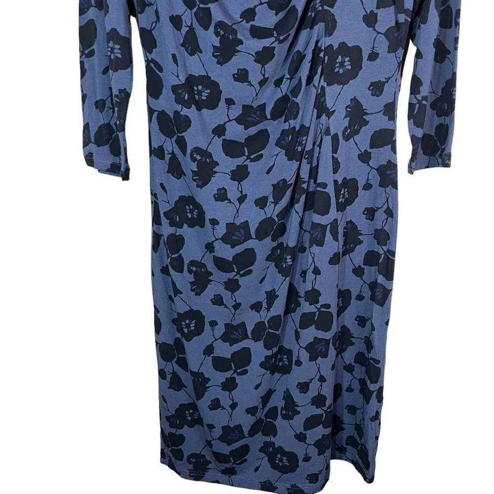 Pendleton Ruched Front Blue Black Flower Print Dress Size Large Petite - Image 3