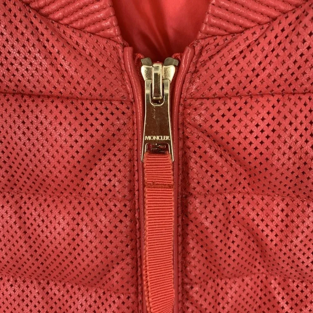 Rare MONCLER Coral Red Perforated Faux Leather Puffer Jacket Size Medium - Image 7