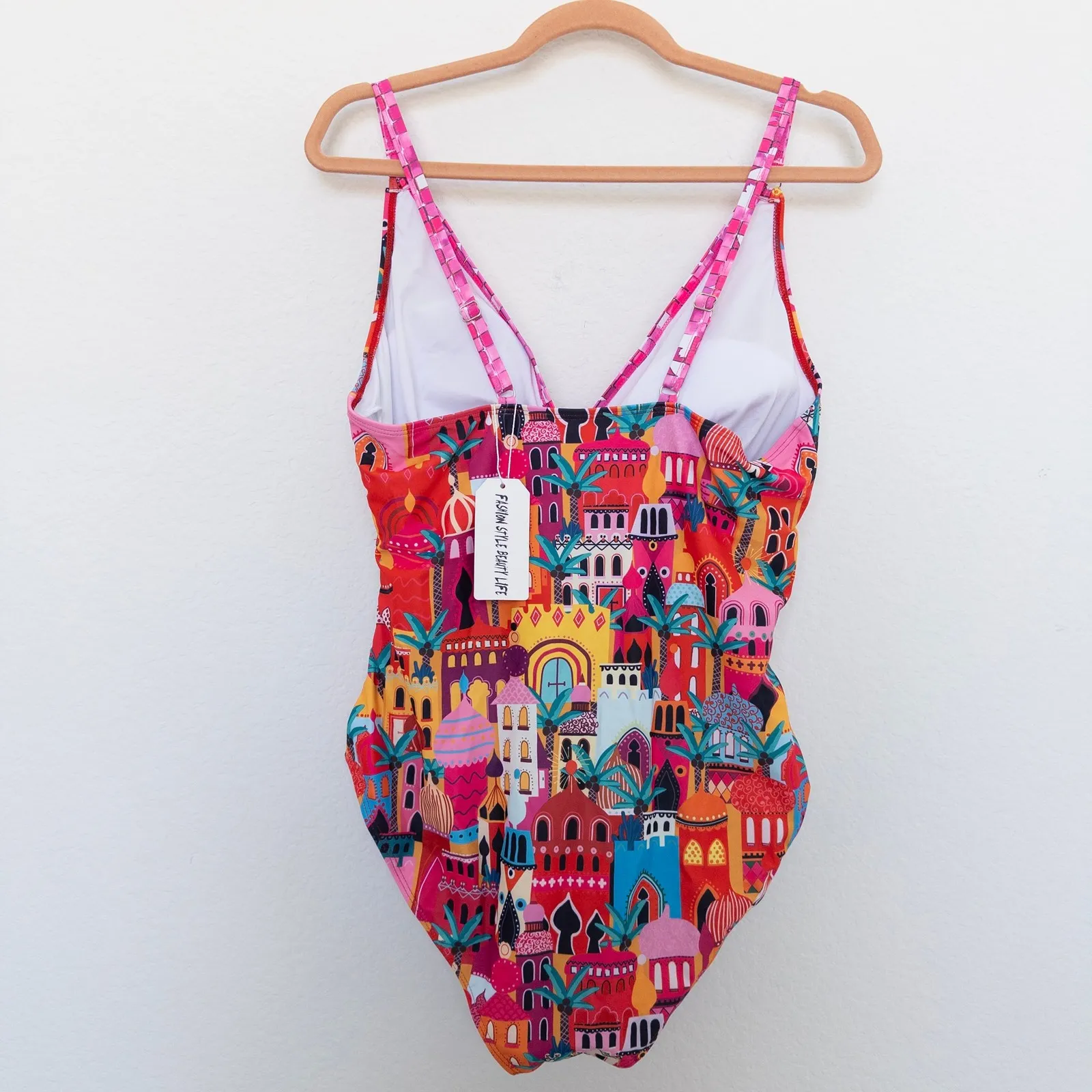 Womens Swimsuit Size L Multicolor One Piece Bright Bold Print Cityscape Vacation Pink Size L - Image 3